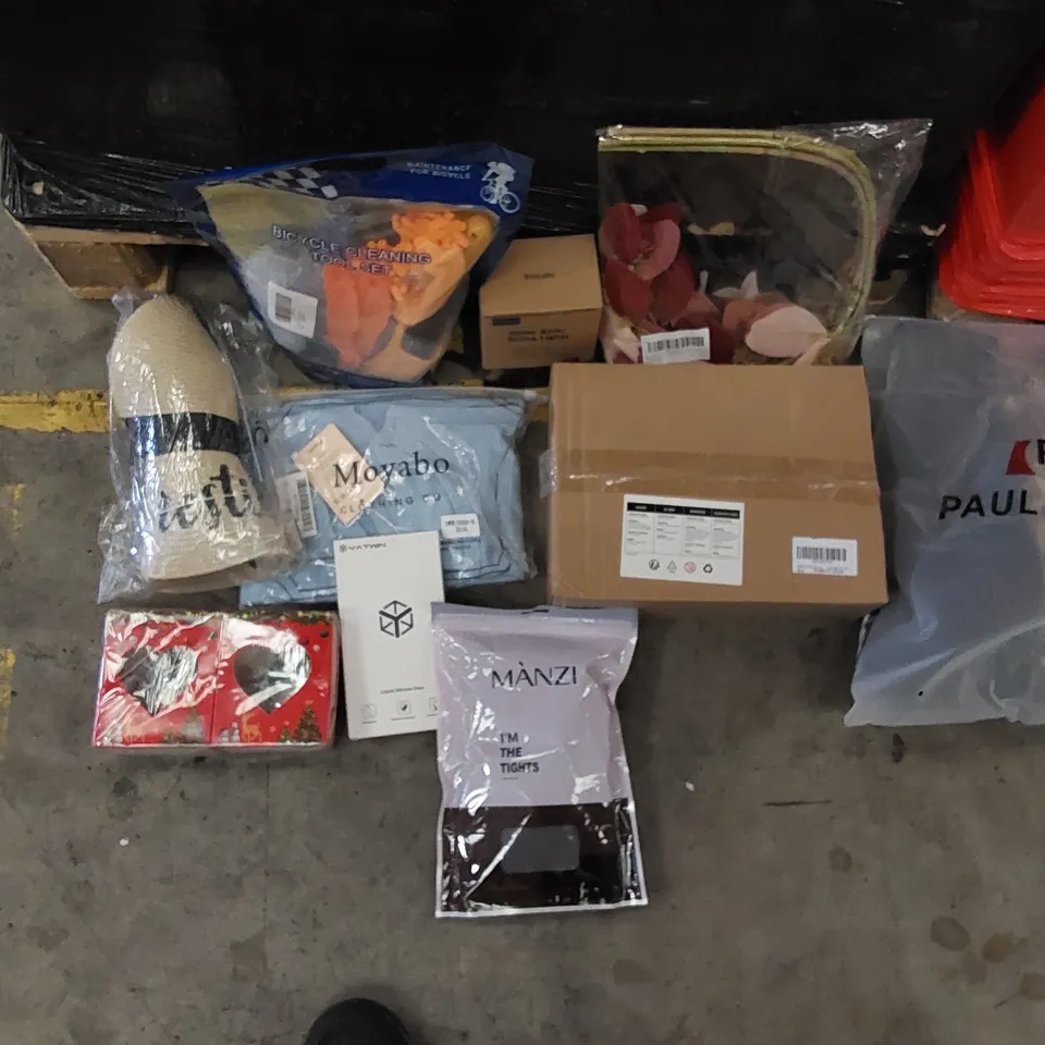 PALLET OF ASSORTED ITEMS INCLUDING: PHONE CASE, BICYCLE CLEANING SET, SUN HAT, TIGHTS, CHRISTMAS DECORATIONS, MENS VELVET BLAZER, GLASS TEE LIGHTS, GLOBE SOLAR LIGHTS