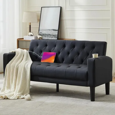 BOXED SOFA 2 SEATS MODERN STYLE COMFY SMALL SOFA WITH POCKET STORAGE 2 USB - BLACK
