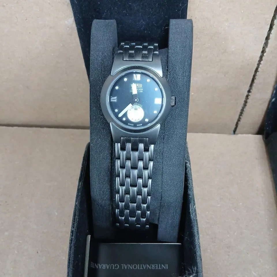 ROAMER POWER 8 WRISTWATCH – BLACK DIAL, STAINLESS STEEL BRACELET, BOXED