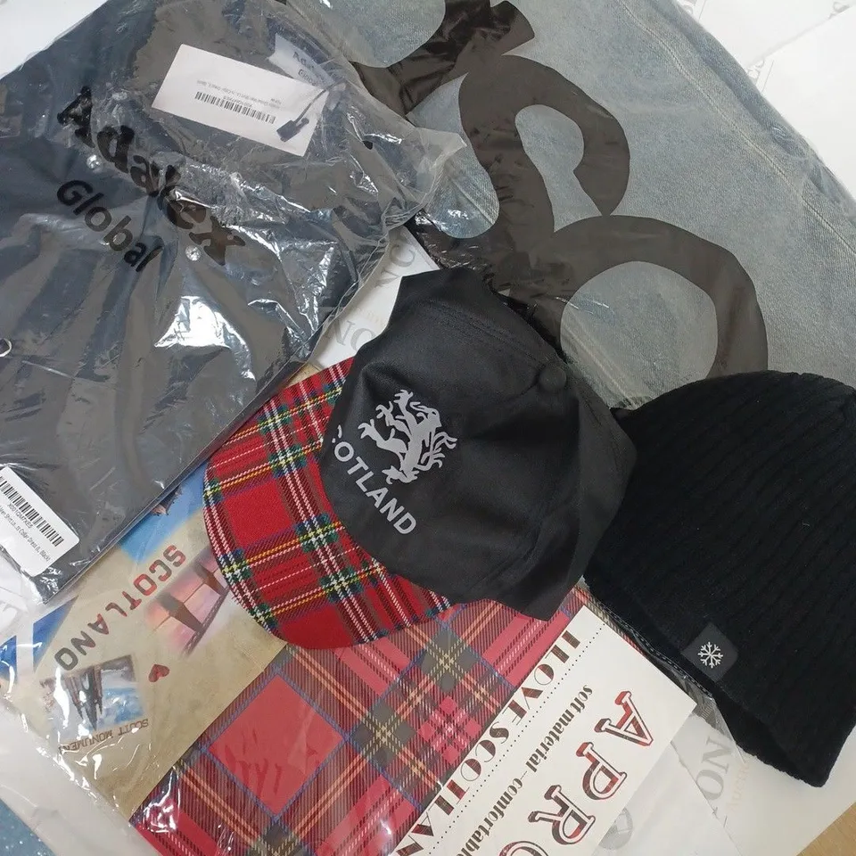 BOX OF APPROXIMATELY 15 ASSORTED CLOTHING ITEMS TO INCLUDE HATS, ASOS JEANS, ADALEX SHIRT ETC
