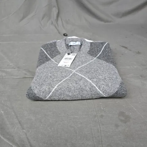 MANGO GREY JERSEY KNIT JUMPER WITH ARGYLE PATTERN β SIZE S