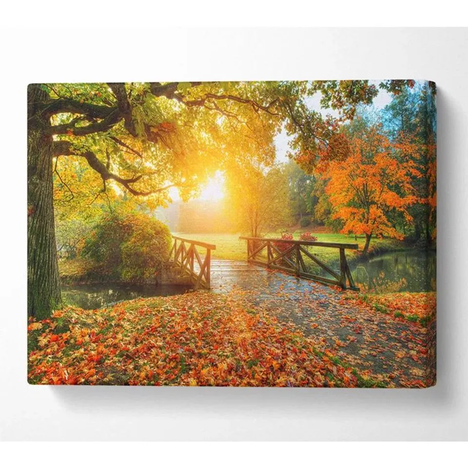 WOODLAND BRIDGE AUTUMN TRANQUILITY WRAPPED CANVAS