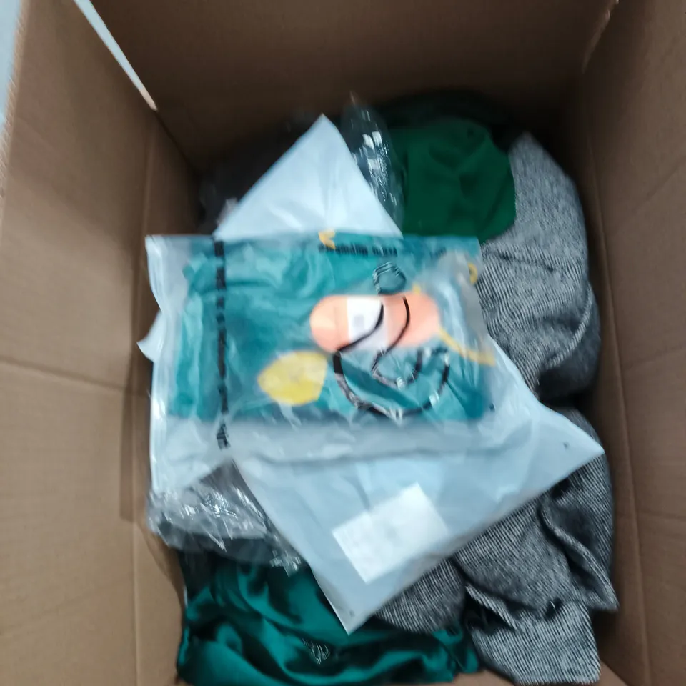 LARGE BOX OF APPROXIMATELY 25 ASSORTED CLOTHING ITEMS IN VARIOUS COLOURS, STYLES AND SIZES - COLLECTION ONLY