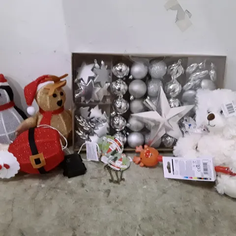LOT OF APPROXIMATELY 14 BOXES CONTAINING ASSORTED BRAND NEW CHRISTMAS PRODUCTS INCLUDING CHRISTMAS STAKES, REINDEER WANDS, SILVER BAUBLE SETS