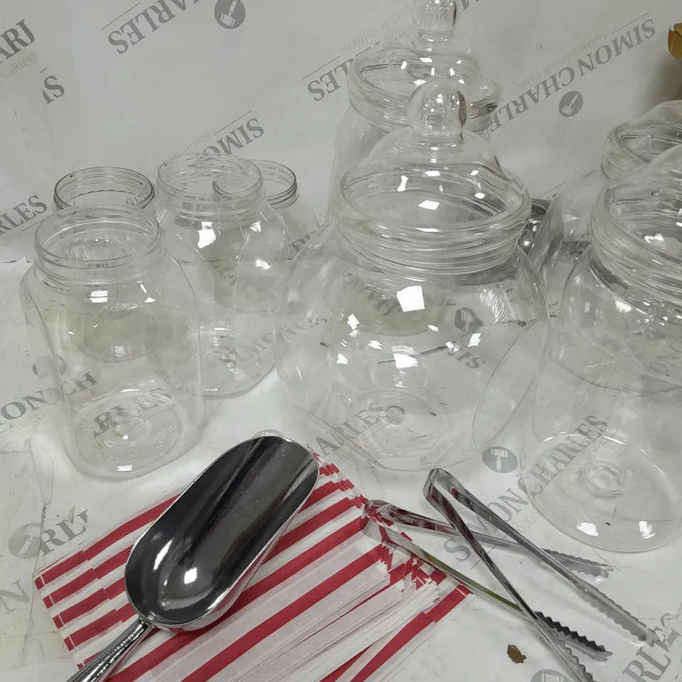 BOX OF SWEET SHOP MERCHANDISE TO INCLUDE SCOOPER, TUBS, TONGS ETC