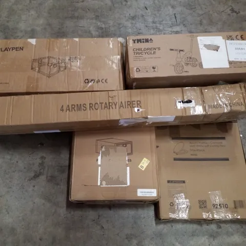 PALLET CONTAINING ASSORTED PRODUCTS INCLUDING PLAYPEN, CHILDREN TRICYCLE, 4 ARMS ROTARY AIRER, SHOE BOXES & TOILET SEAT 