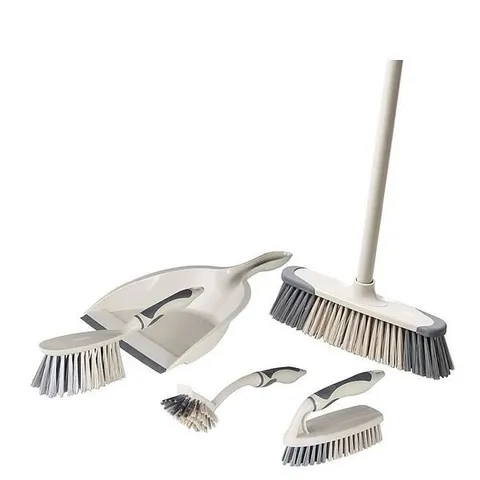 BOXED TOWER T769002MSH 5-IN-1 CLEANING SET WITH DUST PAN AND BRUSH/KITCHEN BROOM/DISH BRUSH/SCRUB BRUSH, LATTE & GREY