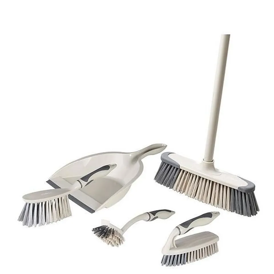 BOXED TOWER T769002MSH 5-IN-1 CLEANING SET WITH DUST PAN AND BRUSH/KITCHEN BROOM/DISH BRUSH/SCRUB BRUSH, LATTE & GREY