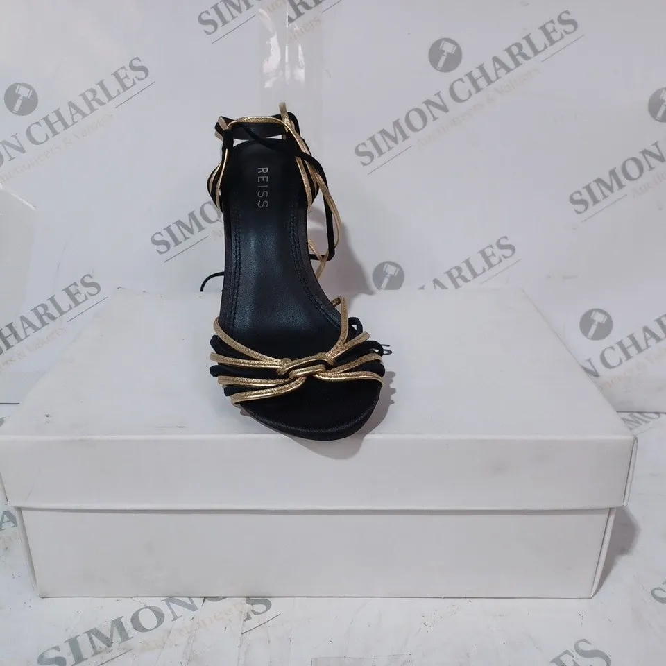 BOXED PAIR OF REISS CASSIDY STRAPPY HEELS IN BLACK/GOLD UK SIZE 4