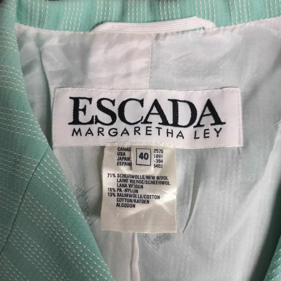 ESCADA MARGARETHA LEY TURQUOISE PINSTRIPE BLAZER – WOMEN'S, UK 12 (EU 40)
