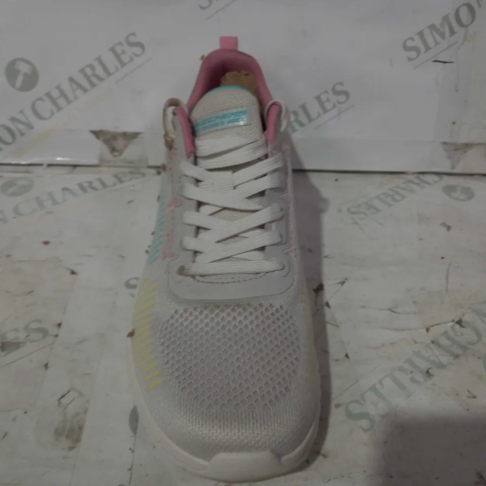 BOXED PAIR OF SKECHERS TRAINERS IN WHITE/PINK/BLUE/YELLOW UK SIZE 6