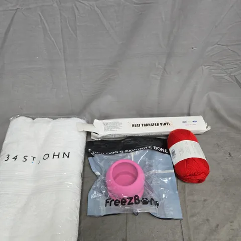 BOX OF APPROXIMATELY 20 ASSORTED HOUSEHOLD ITEMS TO INCLUDE KNITTING YARN, WHITE BATH TOWEL AND HEAT TRANSFER VINYL
