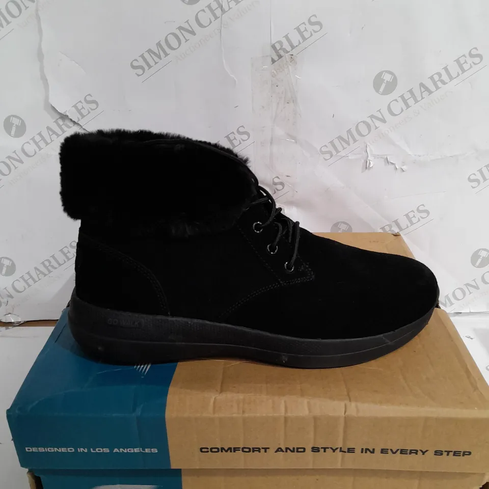 BOXED SKECHERS GO WALK STABILITY SUEDE BOOTS, BLACK - SIZE 8