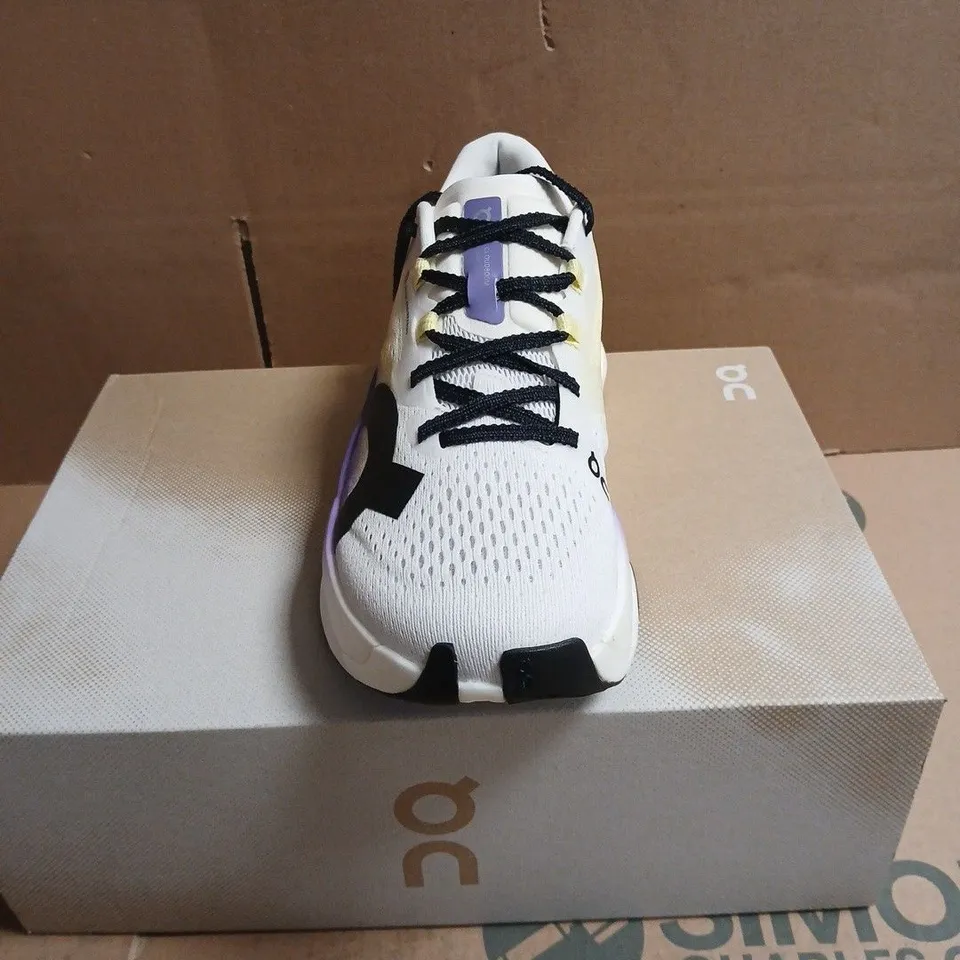 ON RUNNING TRAINERS – WHITE WITH PURPLE GRADIENT MIDSOLE, BOXED UK 6