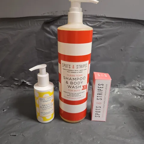 SPOTS & STRIPES LOT OF 3 ASSORTED COSMETIC PRODUCTS TO INCLUDE - TEEN SHAMPOO & BODY WASH - SKIN GOALS MOISTURISER - SKIN GOALS GENTLE CLEANSING LOTION