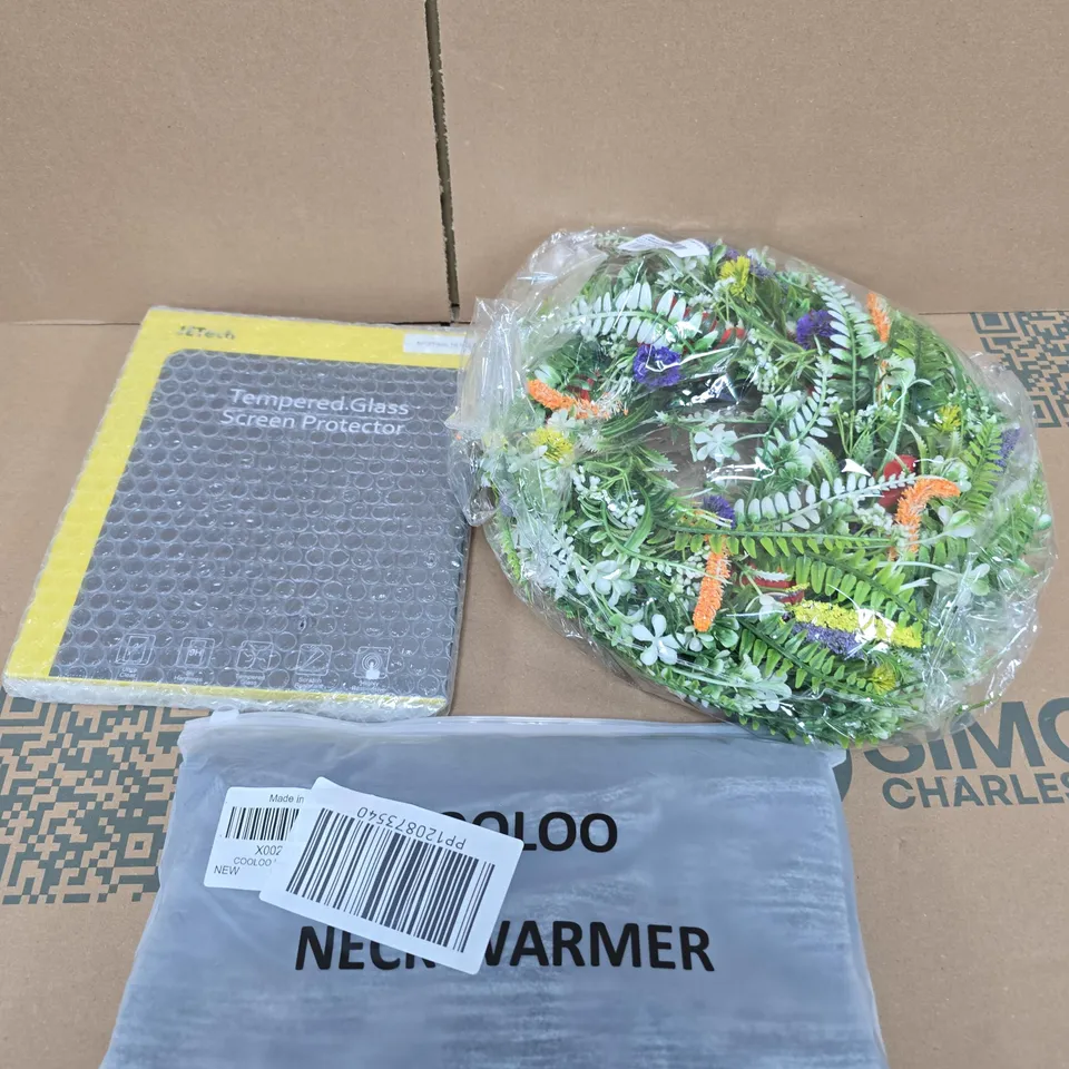 APPROXIMATELY 20 ASSORTED HOUSEHOLD PRODUCTS TO INCLUDE NECK WARMER, SCREEN PROTECTOR, HOME DECOR ETC 