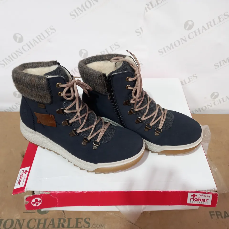 BOXED PAIR OF RIEKER NAVY BOOTS - SIZE 38