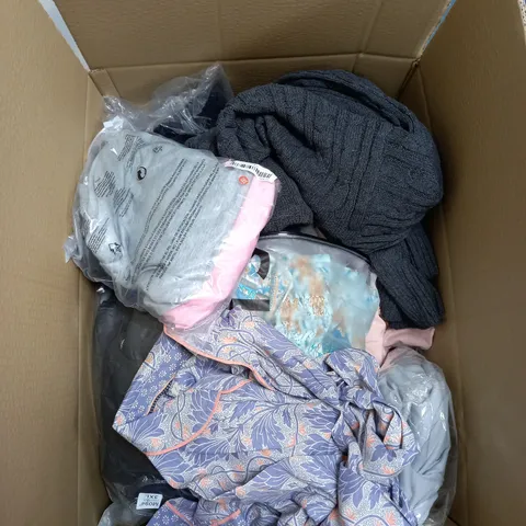 BOX OF ASSORTED CLOTHING ITEMS TOO INCLUDE JUMPERS, SHIRTS AND TROUSERS IN VARIOUS SIZES AND COLOURS