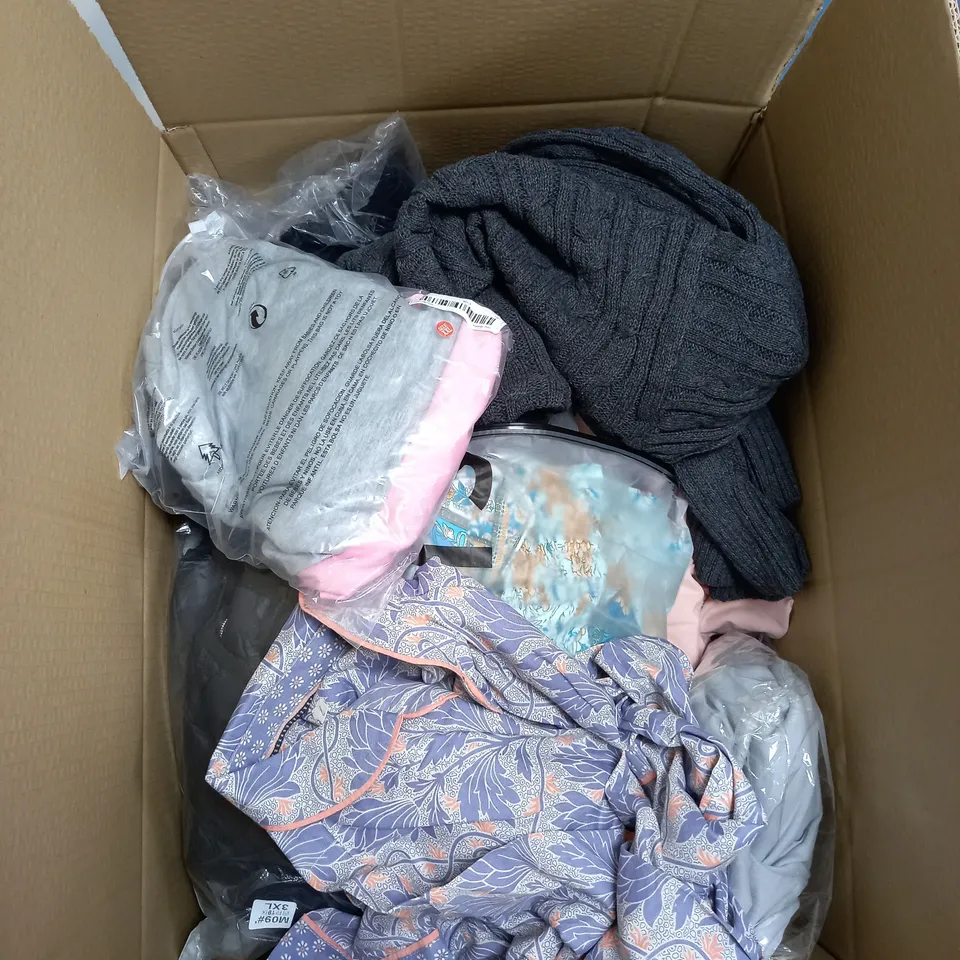 BOX OF ASSORTED CLOTHING ITEMS TOO INCLUDE JUMPERS, SHIRTS AND TROUSERS IN VARIOUS SIZES AND COLOURS   
