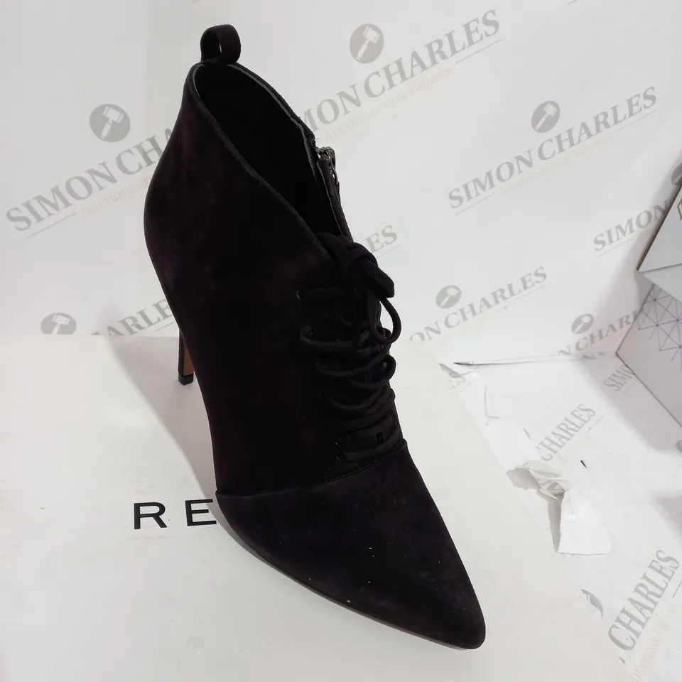 BOXED REISS SUEDE CHOCOLATE BOOT HEELS - SIZE 6