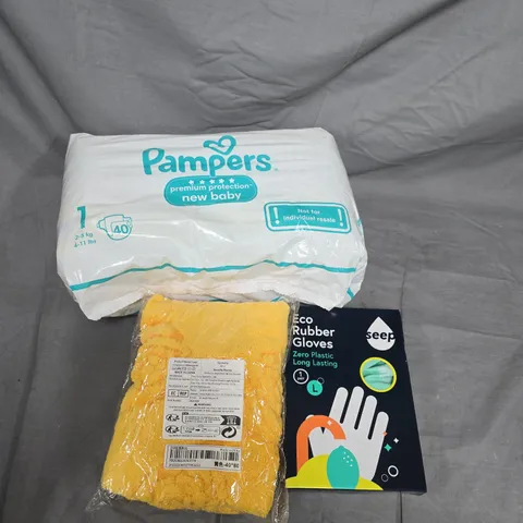 BOX OF ASSORTED ITEMS TO INCLUDE - PAMPERS - GLOVES - WALLPAPER 