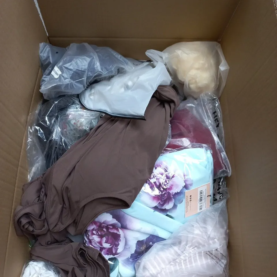 LARGE BOX OF APPROXIMATELY 25 ASSORTED CLOTHING ITEMS IN VARIOUS COLOURS, STYLES AND SIZES - COLLECTION ONLY