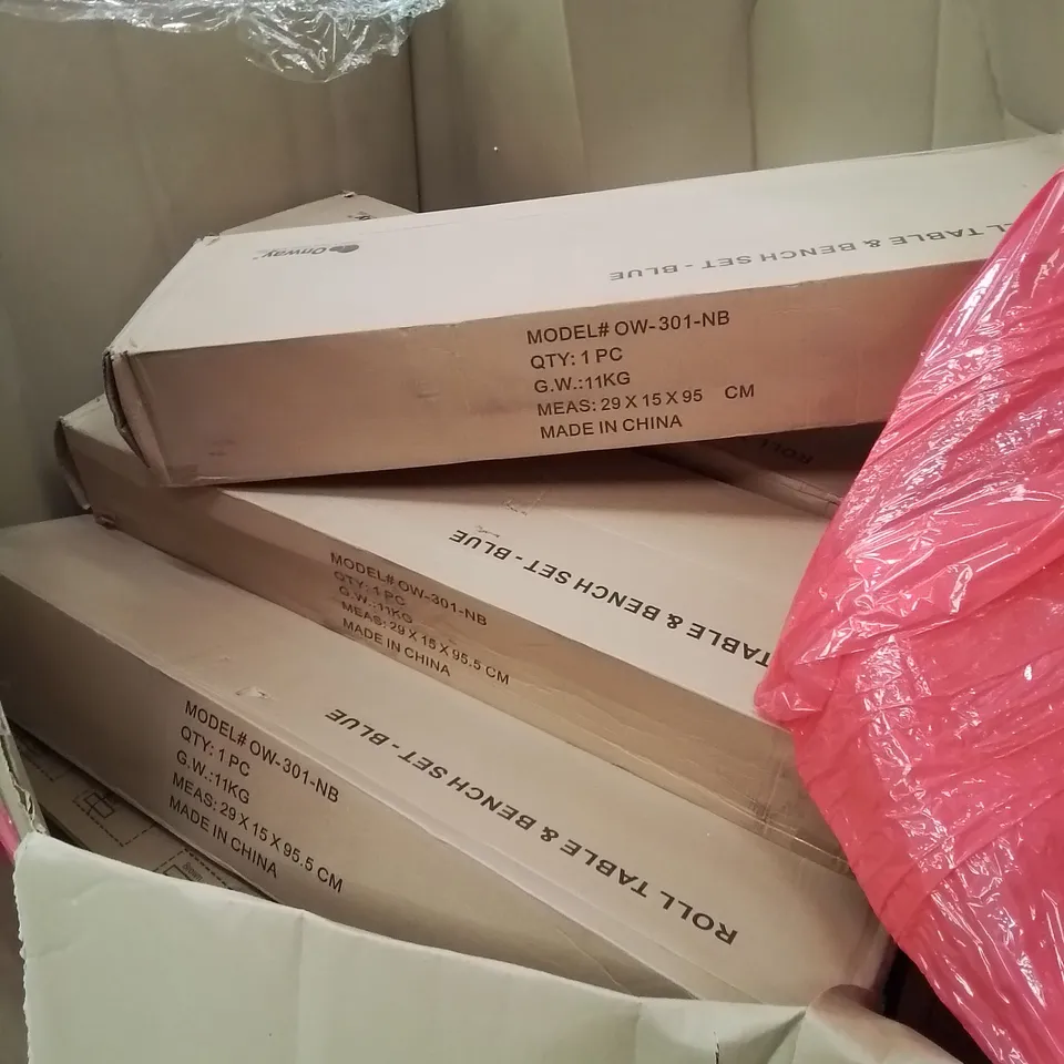 PALLET OF ASSORTED HOUSEHOLD GOODS AND PRODUCTS TO INCLUDE; PRIMARILY BOXED ROLL TABLE & BENCH SETS, OTHER HOUSEHOLD GOODS ETC