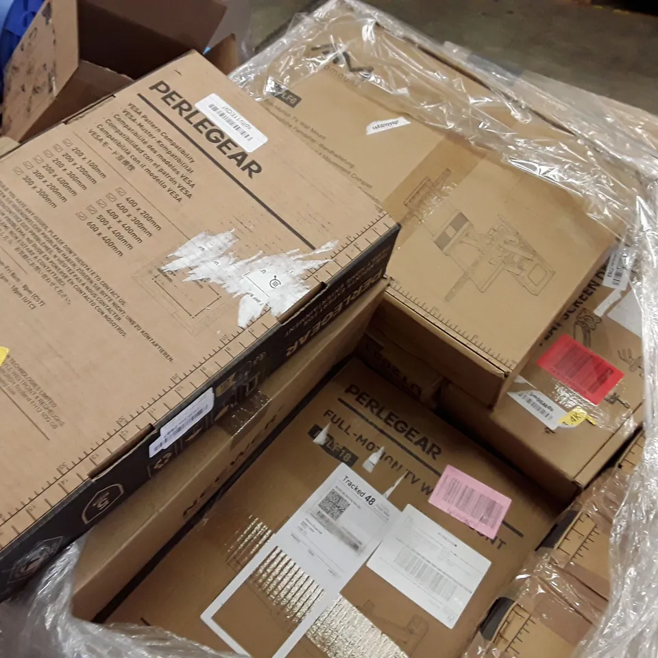 PALLET CONTAINING AN ASSORTMENT OF FULL TV AND MONITOR WALL MOUNT AND TV STAND ECT 