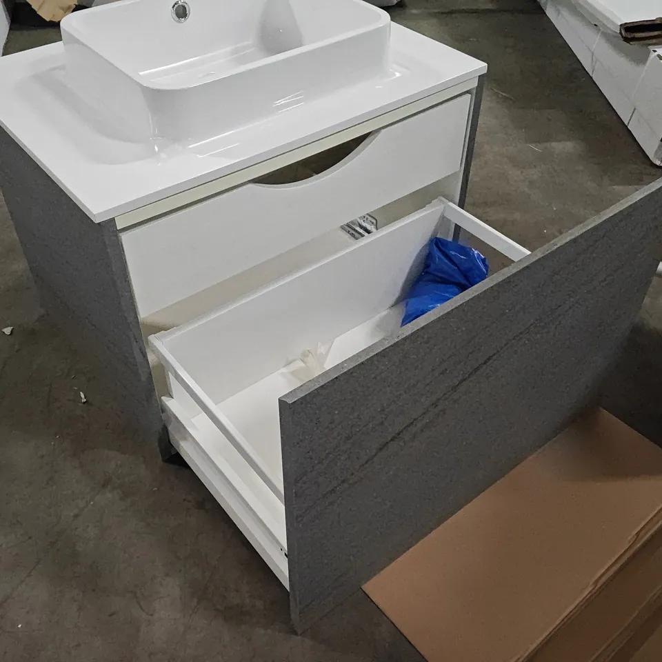 LUXURY WALL MOUNTED HANDLE LESS BATHROOM CABINET AND BASIN SET IN STONE GREY RRP £2280