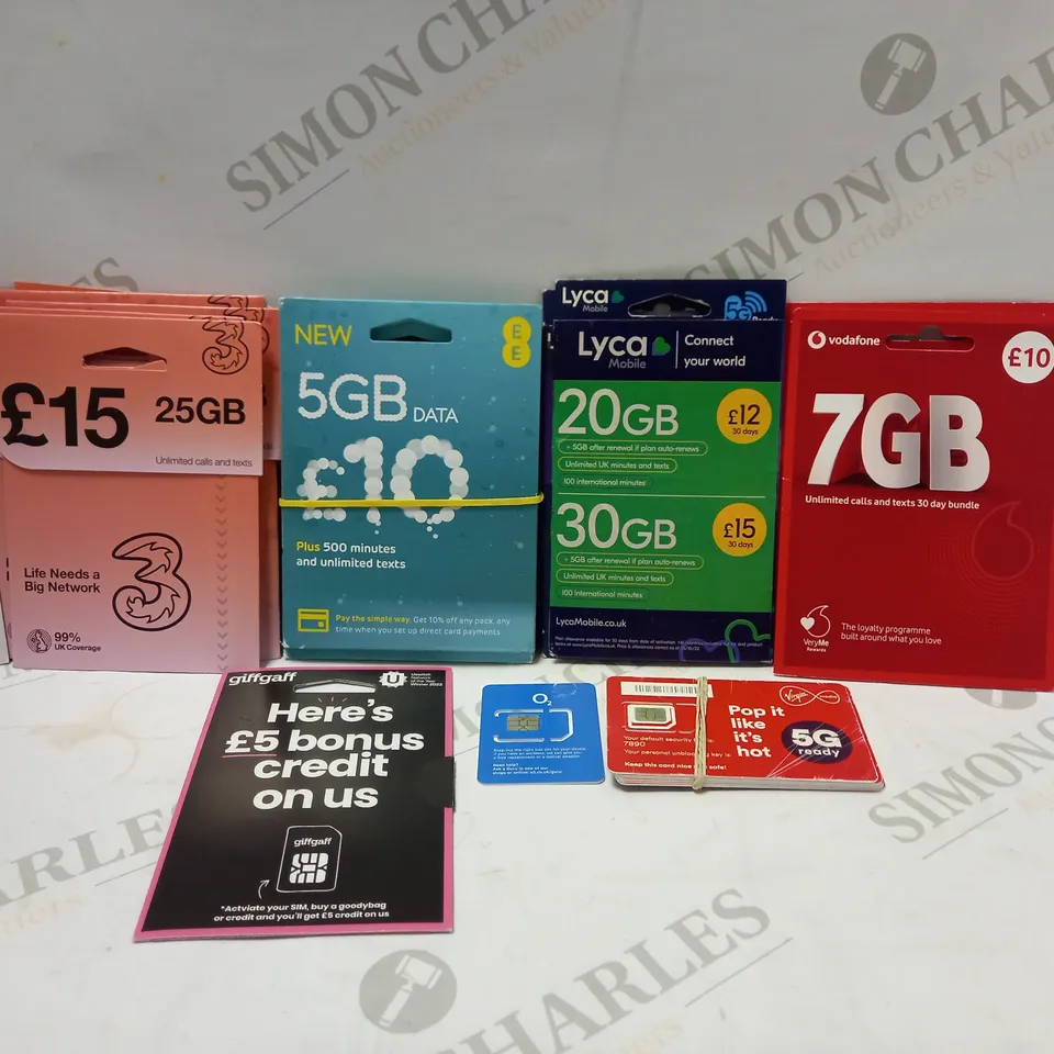A LARGE QUANTITY OF ASSORTED SIMCARDS TO INCLUDE GIFFGAFF, VODAFONE, EE, ETC 