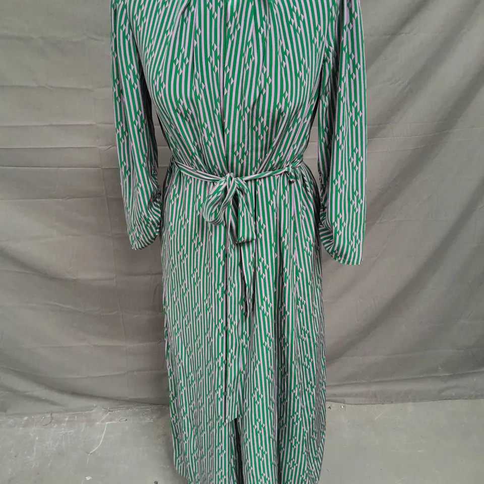 LK BENNET TIE WAIST PLEAT DETAIL MIDAXI DRESS IN GREEN/PURPLE STRIPE SIZE 10