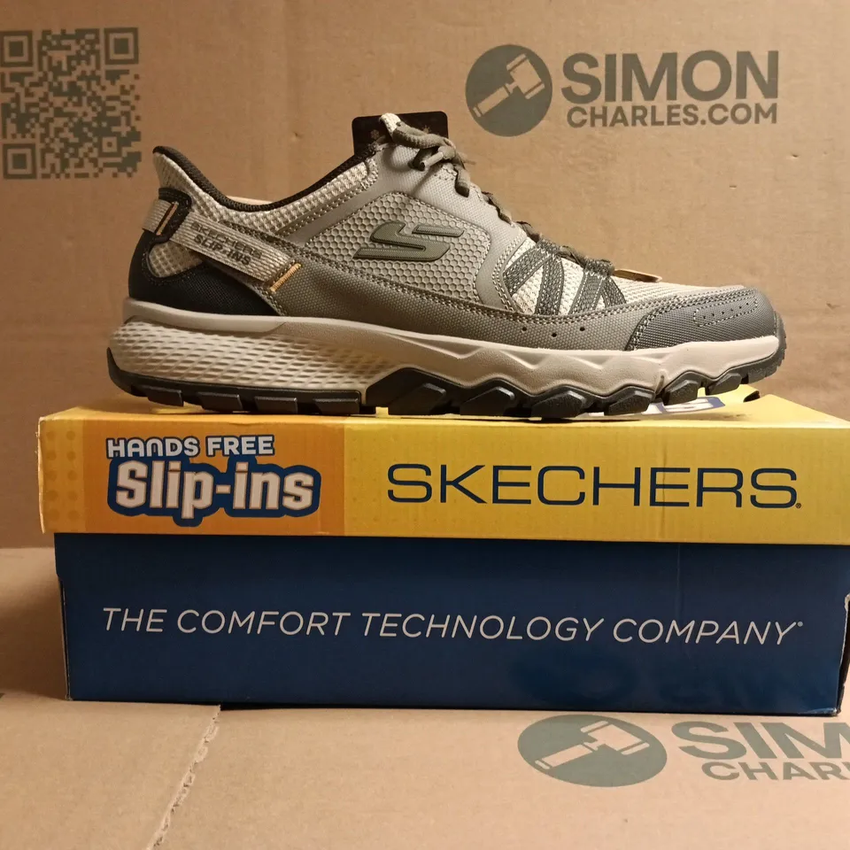 BOXED PAIR OF SKECHERS SLIP-IN TRAINERS IN TAUPE SIZE UK 11.5