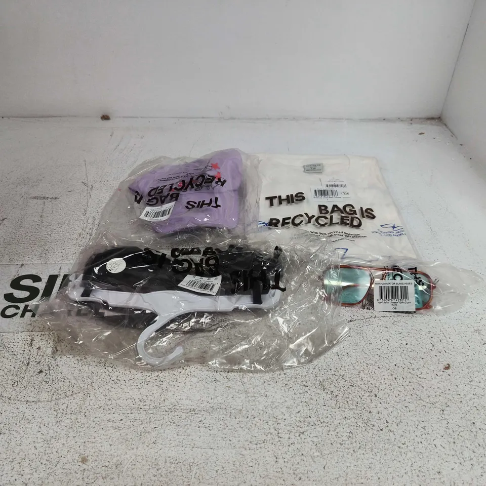 BOX OF APPROXIMATELY 30 ASSORTED CLOTHING ITEMS TO INCLUDE PLUNGE UNDERWIRE BRA, AVIATOR SUNGLASSES, BOX FIT GRAPHIC T SHIRT ETC