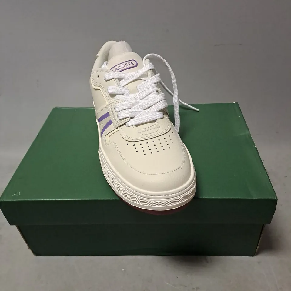 BOXED PAIR OF LACOSTE FLAT SNEAKERS IN IVORY MULTI SIZE 7