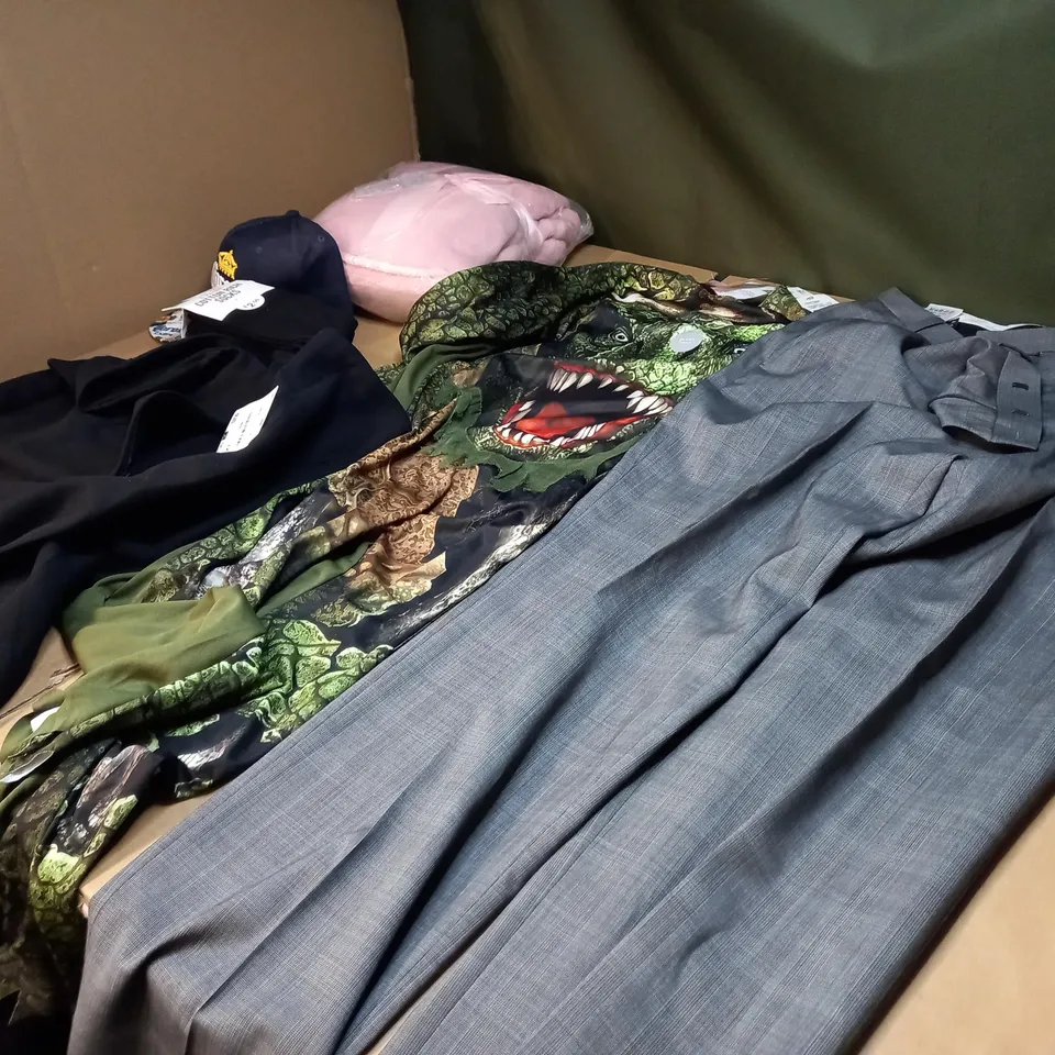 BOX OF APPROXIMATELY 20 CLOTHING ITEMS TO INCLUDE A PAIR OF CASUAL TROUSERS, A DINOSOUR PJ AND A UNDERWEAR/SOCK SET