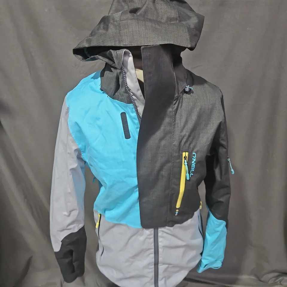 O'NEILL EXPLORER SERIES HOODED JACKET – SIZE S, COLOUR-BLOCK TURQUOISE/GREY