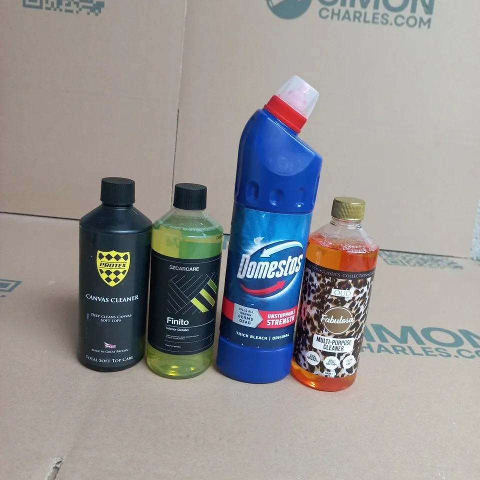 APPROXIMATELY 15 ASSORTED HOUSEHOLD LIQUIDS TO INCLUDE DOMESTOS BLEACH, FABULOSA MULTI PURPOSE CLEANER AND CANVAS CLEANER
