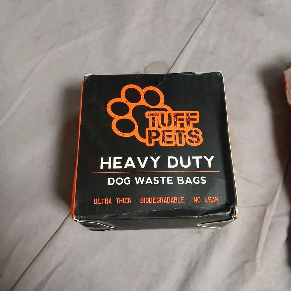 BOX OF ASSORTED HOUSEHOLD ITEMS INCLUDING TUFF PETS HEAVY DUTY DOG WASTE BAGS AND 3 PACK TERRY TEA TOWELS