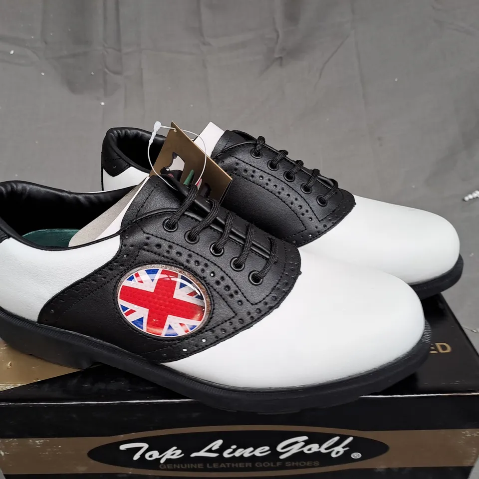 BOX OF APPROXIMATLY 10 BOXED PAIRS OF BLACK AND WHITE TOP LINE GOLF SHOES IN VARIOUS SIZE 