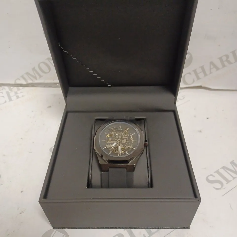 MENS EDISON WATCH – SKELETON DIAL – GLASS EXHIBITION BACK CASE – STAINLESS STEEL FACE – RUBBER STRAP – 3ATM WATER RESISTANT
