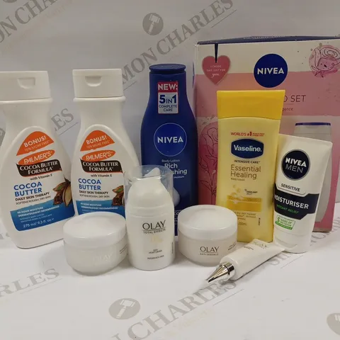 APPROXIMATELY 10 ASSORTED MOISTURISERS AND CREAMS TO INCLUDE NIVEA PAMPER TRIO SET AND OLAY NIGHT CREAM