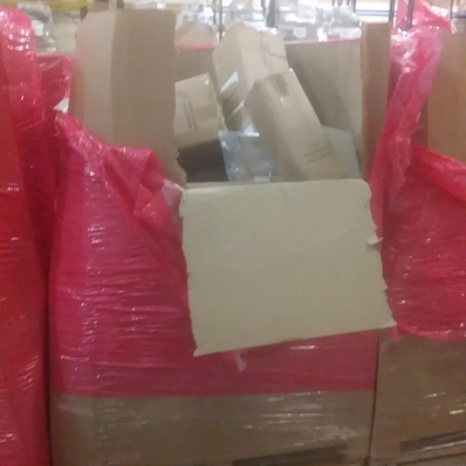 PALLET OF ASSORTED HOUSEHOLD PRODUCTS AND ITEMS, INCLUDING; AIR COOLER, ROLLING STOOLS, BOXED FURNITURE, BLINDS ETC