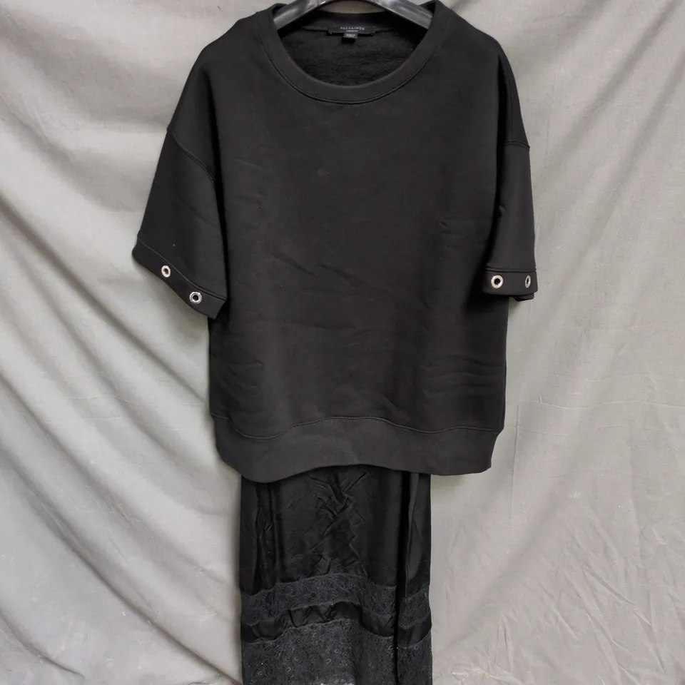 ALLSAINTS BLACK KNIT TOP DRESS WITH LACE HEM, WOMEN'S, MEDIUM