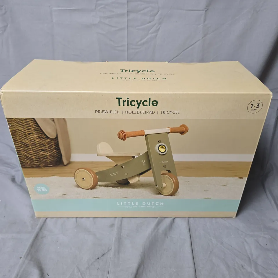 BOXED AND SEALED LITTLE DUTCH TRICYCLE – WOODEN TODDLER RIDE-ON, BOXED (AGES 1–3)