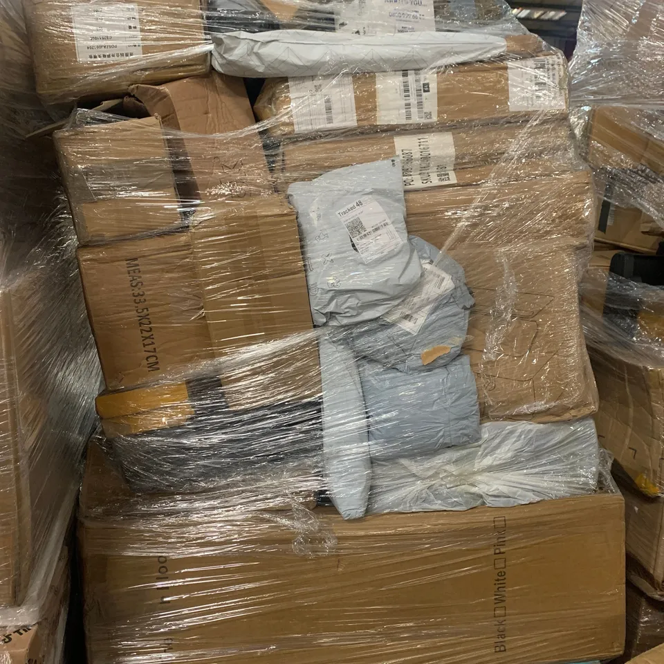 PALLET OF ASSORTED ITEMS TO INCLUDE BOXED FURNITURE, KITCHEN APPLIANCES AND AIR PUMP