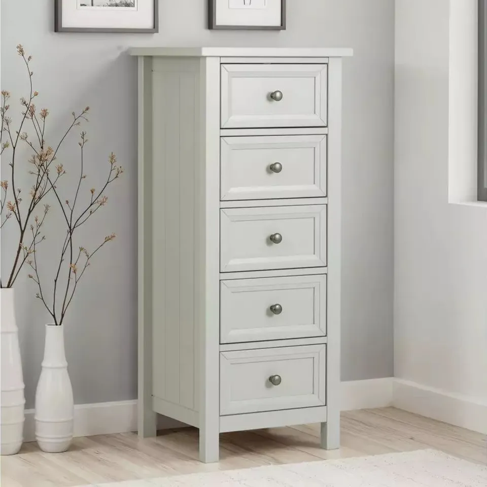 BOXED JULIAN BOWEN MAINE 5 DRAWER TALL CHEST - GREY
