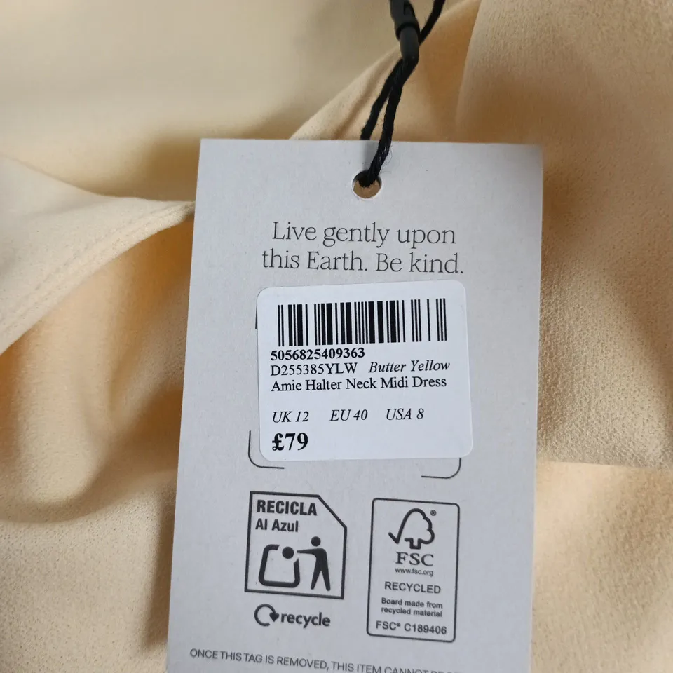 NOBODY'S CHILD BUTTER YELLOW AMIE HALTER NECK MIDI DRESS – UK 12