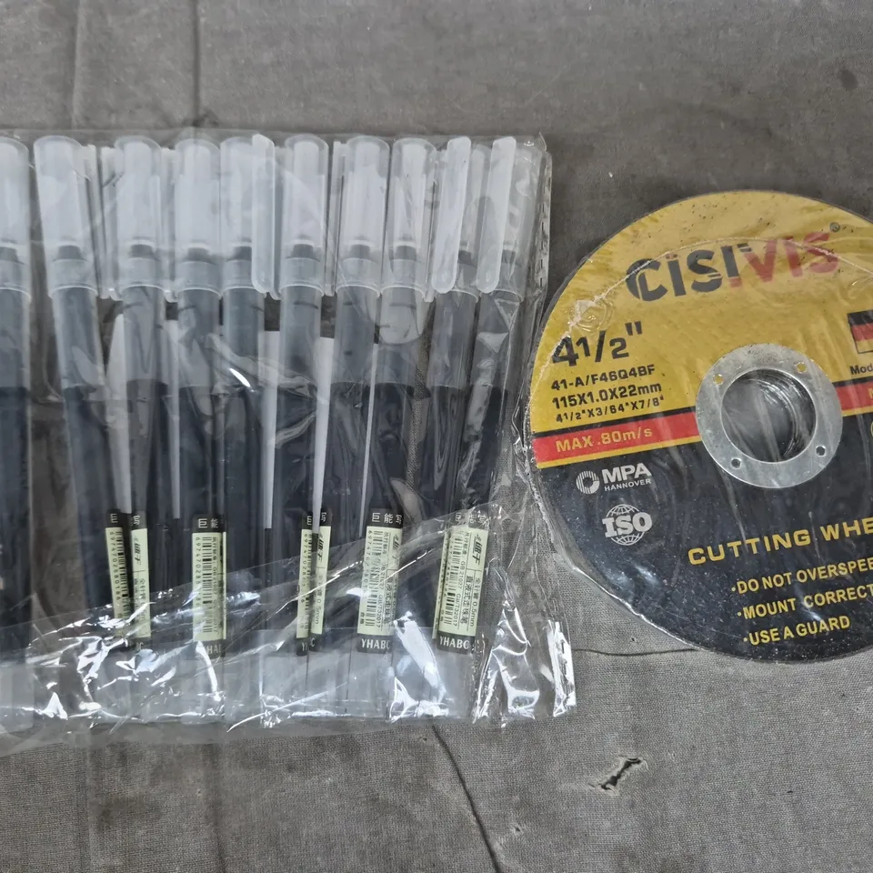 APPROXIMATELY 10 ASSORTED HOUSEHOLD ITEMS TO INCLUDE PENS, CUTTING WHEEL, ETC