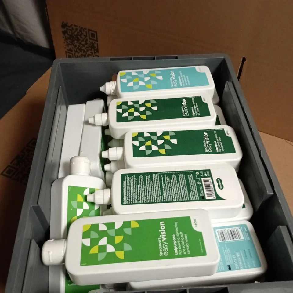BOX OF APPROXIMATELY 30 BOTTLES OF CONTACT LENS SOLUTION 