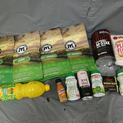 APPROXIMATELY 8 ASSORTED FOOD & DRINK ITEMS TO INCLUDE - RIB CAP, RUMP JERKY, AND LEMON JUICE ETC. 